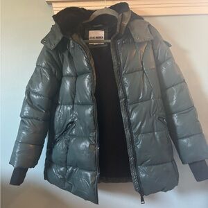Steve Madden Shiny Quilted Puffer Jacket in Teal Green with Faux Fur Hood